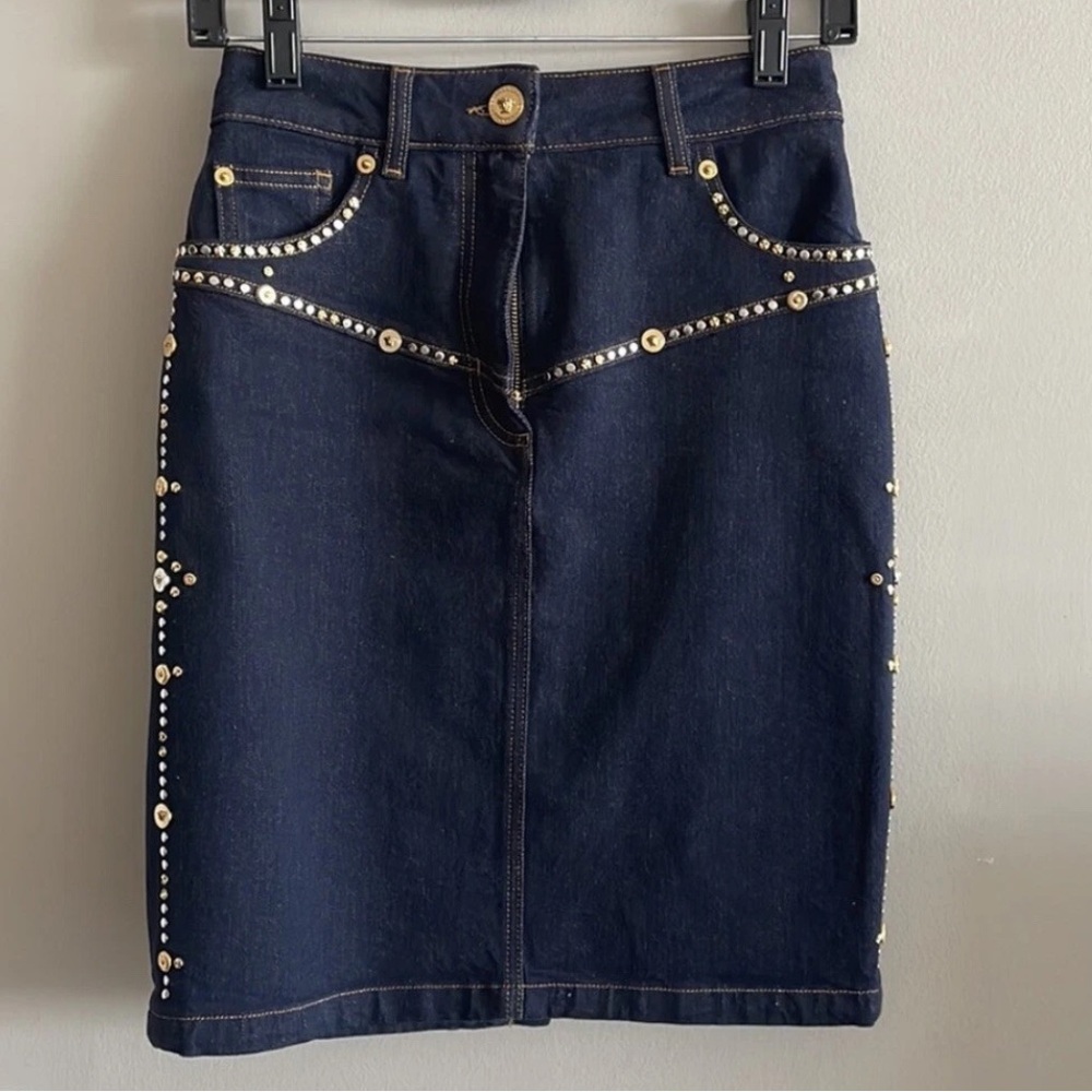 Versace Medusa Studded Denim Mini Pencil Skirt Designer IT38 US2 XS Italy